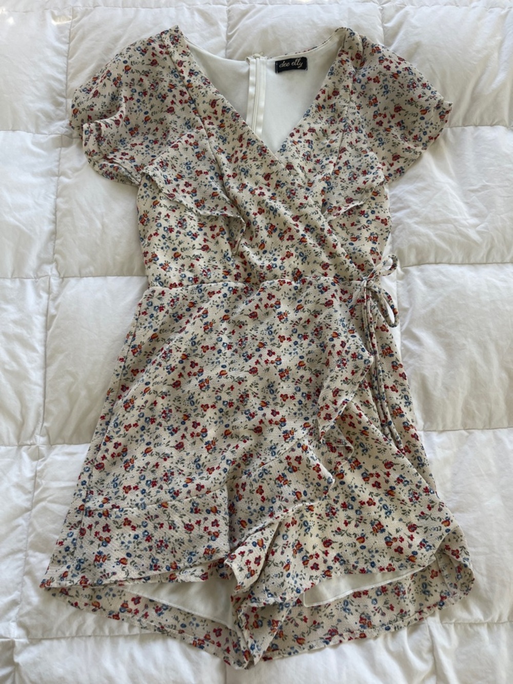Dee Elly Floral Wrap Romper - Cream with Red & Blue Floral